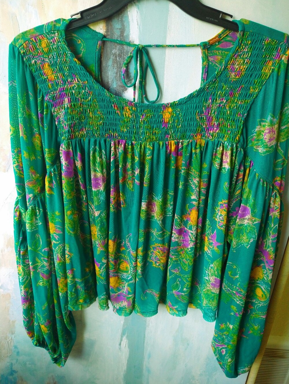 Free People Teal Floral Smocked Boho Tunic Top Fairy Beach L